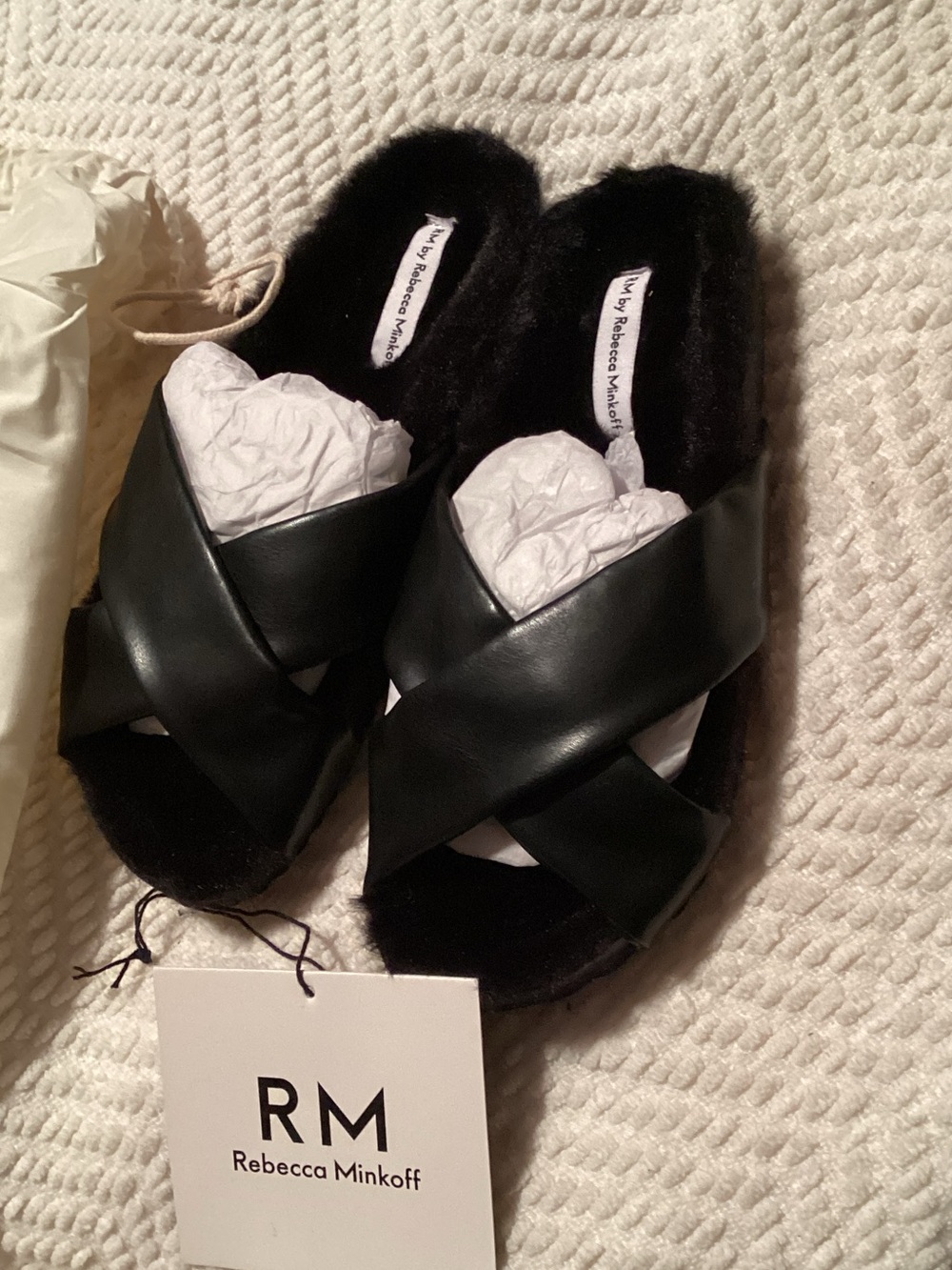 Rebecca Minkoff Black Faux-Fur Crisscross Slide Mules